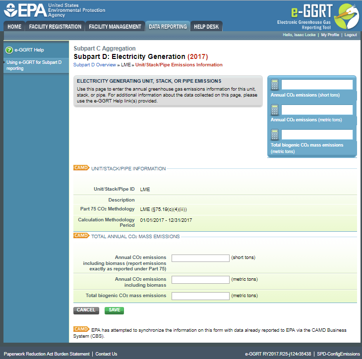 Subpart D LME Unit/Stack/Pipe Emission Information page